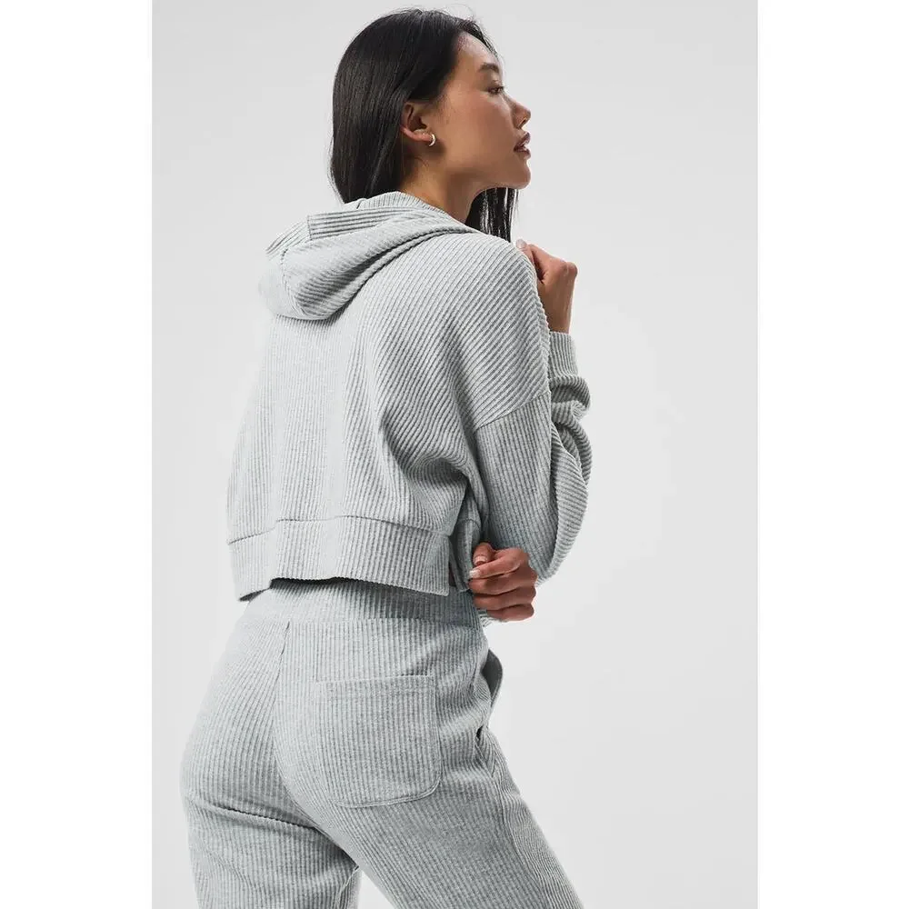 Alo Yoga Muse Hoodie Gray Cropped Ribbed Athleisure Pullover Sweatshirt Gym - Picture 4 of 15